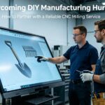 A hyper-realistic photo of a DIY maker and an engineer reviewing a 3D model of a custom gardening tool on a large touchscreen in a workshop, overlaid with the title "Overcoming DIY Manufacturing Hurdles: How to Partner with a Reliable CNC Milling Service".