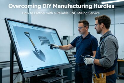 A hyper-realistic photo of a DIY maker and an engineer reviewing a 3D model of a custom gardening tool on a large touchscreen in a workshop, overlaid with the title "Overcoming DIY Manufacturing Hurdles: How to Partner with a Reliable CNC Milling Service".