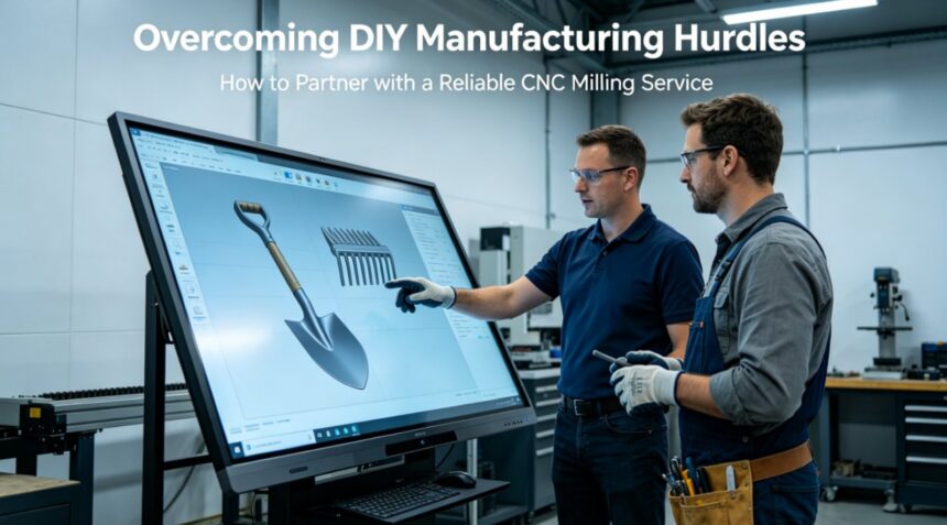 A hyper-realistic photo of a DIY maker and an engineer reviewing a 3D model of a custom gardening tool on a large touchscreen in a workshop, overlaid with the title "Overcoming DIY Manufacturing Hurdles: How to Partner with a Reliable CNC Milling Service".