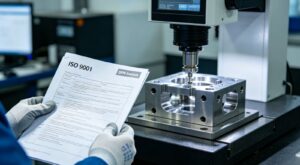 Close-up, realistic shot of an engineer's gloved hand holding an ISO 9001 standard next to a CMM inspecting a metal outdoor equipment part, with "DFM Analysis" visible.
