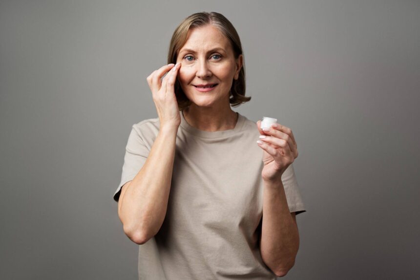 A woman applying retinol on her face