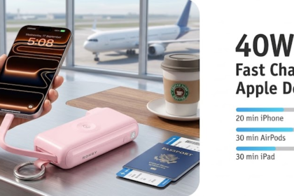 RORRY Flow CB4 portable charger with a smartphone, earbuds and smartwatch for travel 