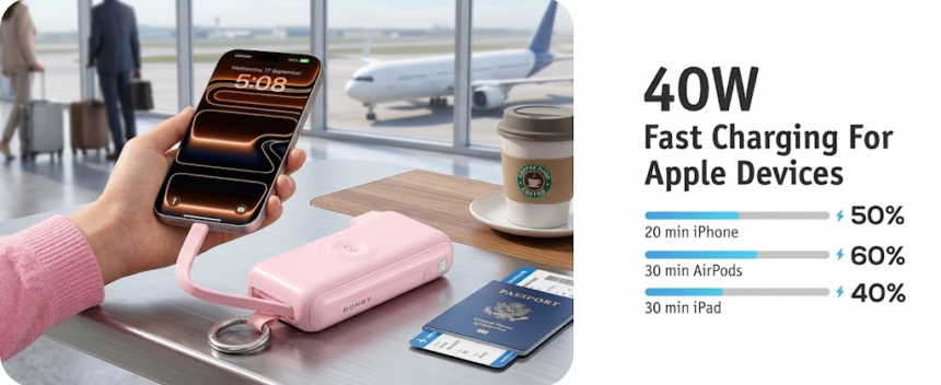 RORRY Flow CB4 portable charger with a smartphone, earbuds and smartwatch for travel 