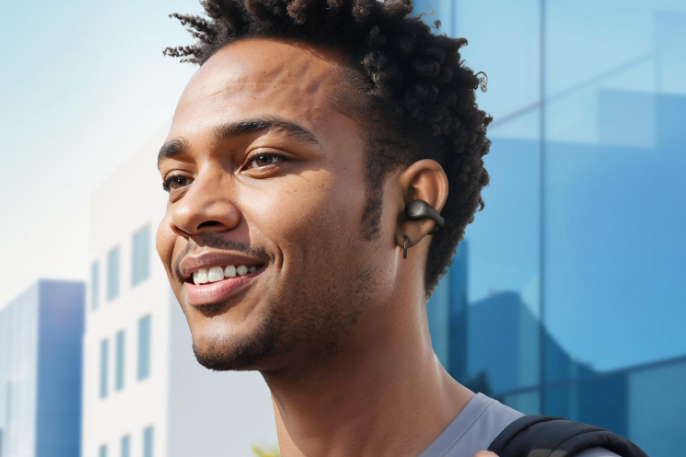 Smiling man wearing open-ear clip-on earbuds outdoors