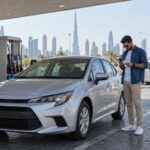 Traveller checking trip costs beside a silver compact car at a Dubai petrol station
