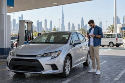 Traveller checking trip costs beside a silver compact car at a Dubai petrol station