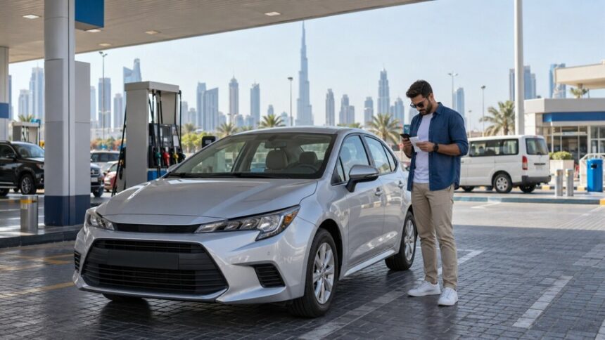 Traveller checking trip costs beside a silver compact car at a Dubai petrol station